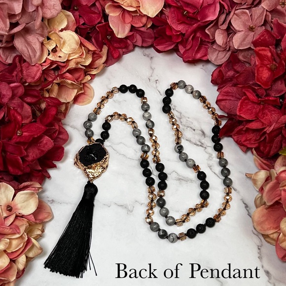 Natural Stone Necklace with Gold Dipped Hematite Geode Druzy Pendant & Tassel - Picture 12 of 16